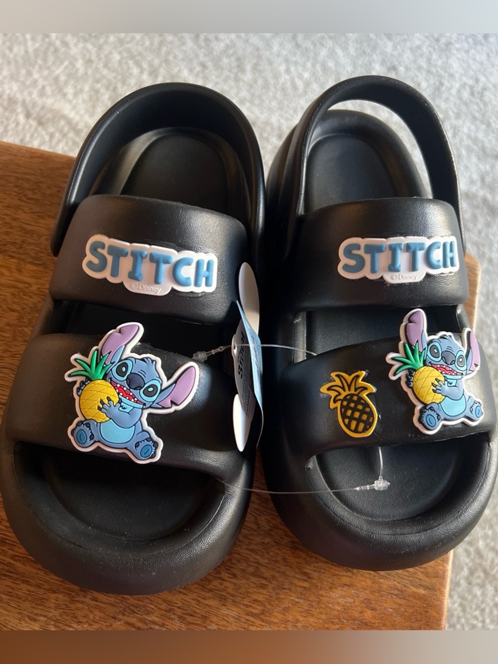 Disney Black Kids Slide Sandals with Blue Stitch and Yellow Pineapple Accents